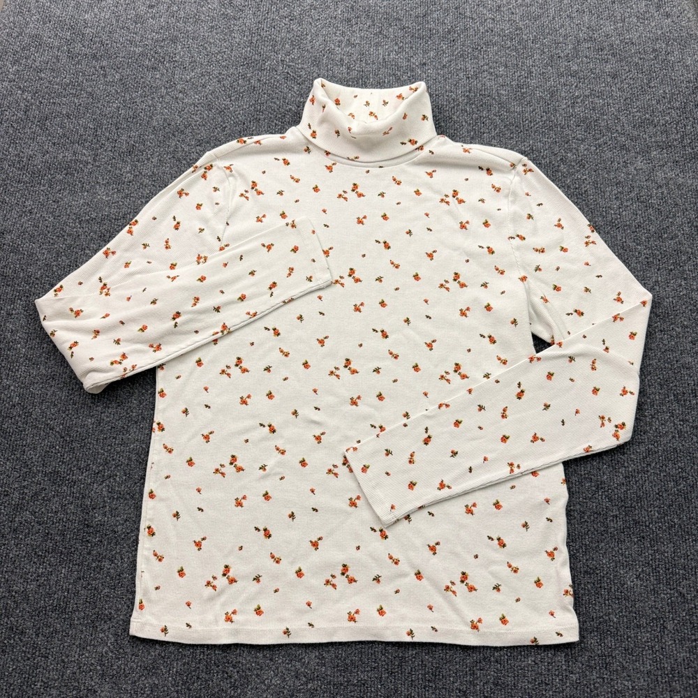 Levis Turtleneck Top Womens XL White Floral Ribbed Grandmacore Cottagecore Soft